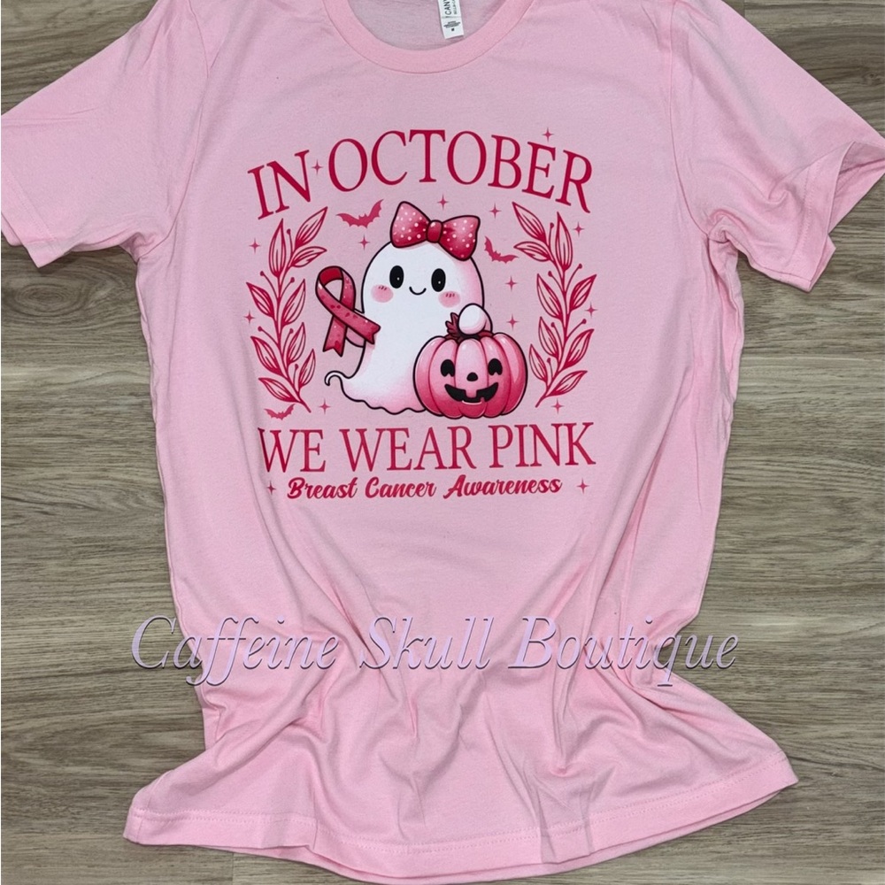 Bella Canvas Pink Short Sleeve Tee with breast cancer ribbon and pink design